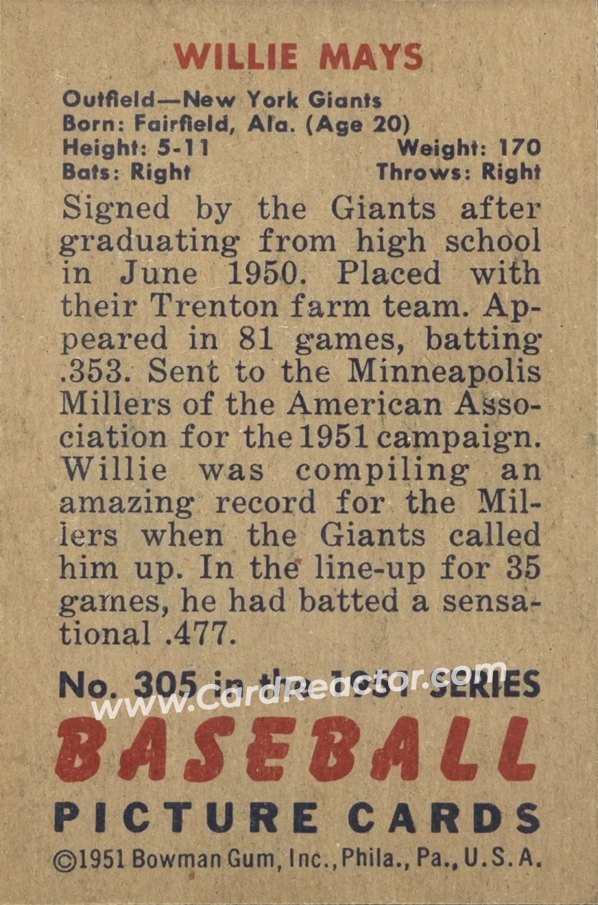 1951 Bowman #305 - Willie Mays - New York Giants - Back 1951 Bowman #305 - Willie Mays - New York Giants - Back