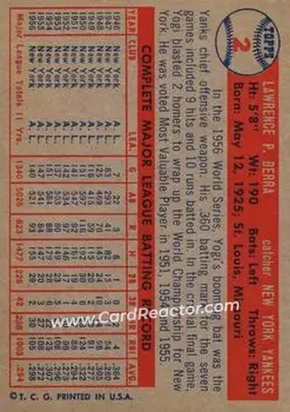 1957 Topps #2 - Larry "Yogi" Berra - New York Yankees - Back 1957 Topps #2 - Larry "Yogi" Berra - New York Yankees - Back