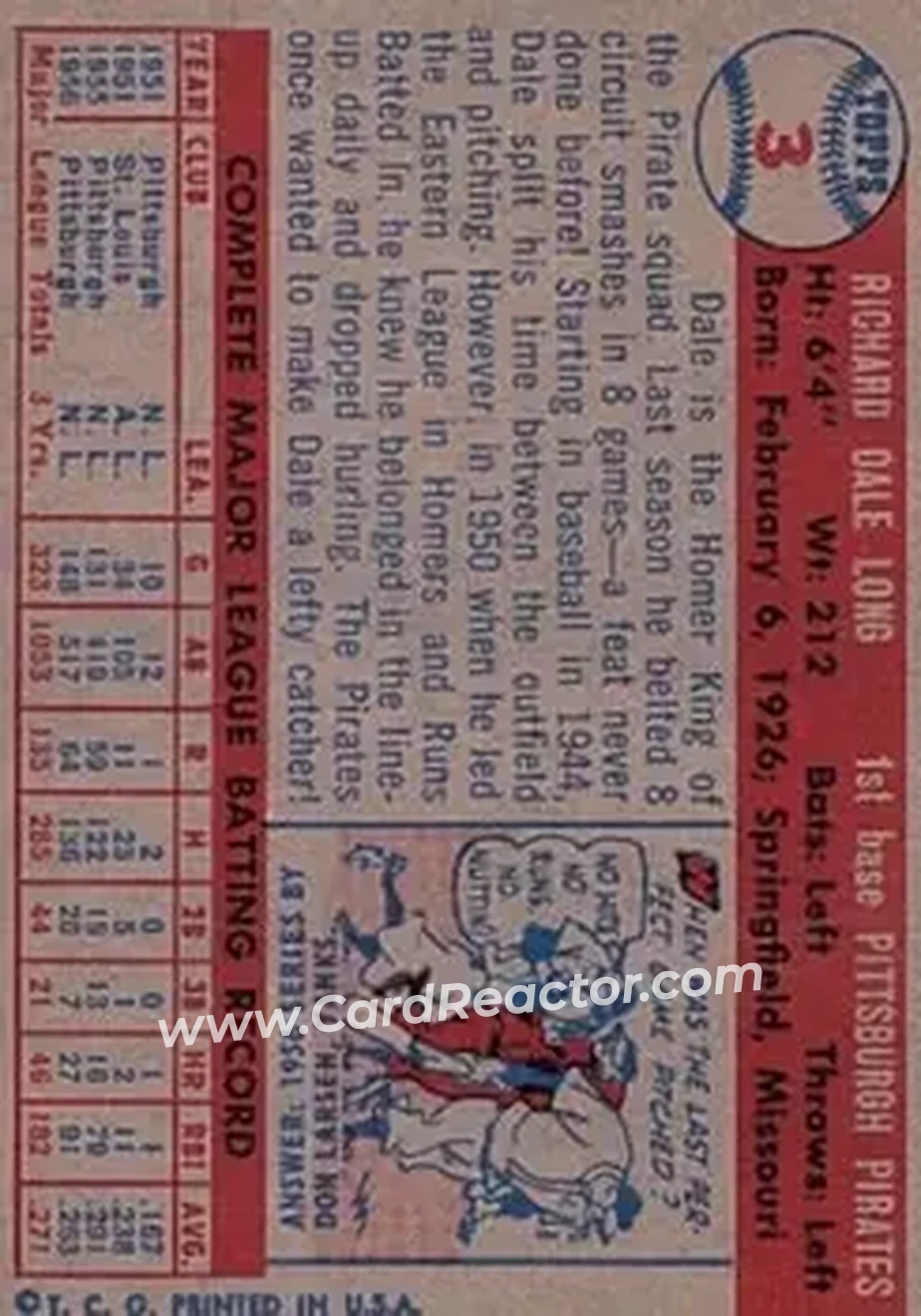1957 Topps #3 - Dale Long - Pittsburgh Pirates - Back