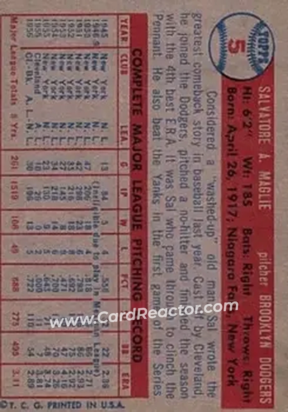1957 Topps #5 - Sal Maglie - Brooklyn Dodgers - Back