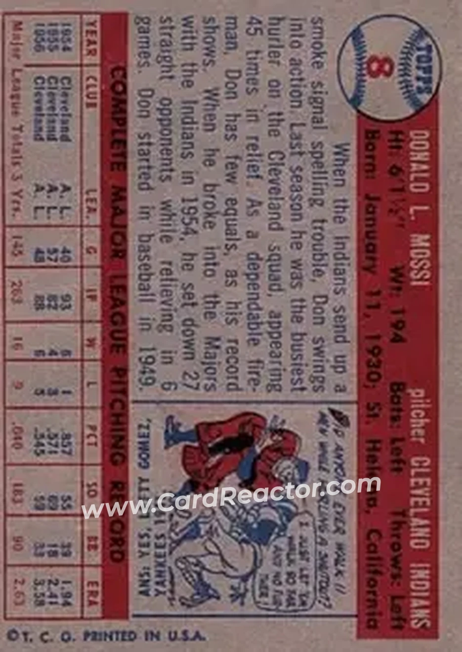 1957 Topps #8 - Don Mossi - Cleveland Indians - Back