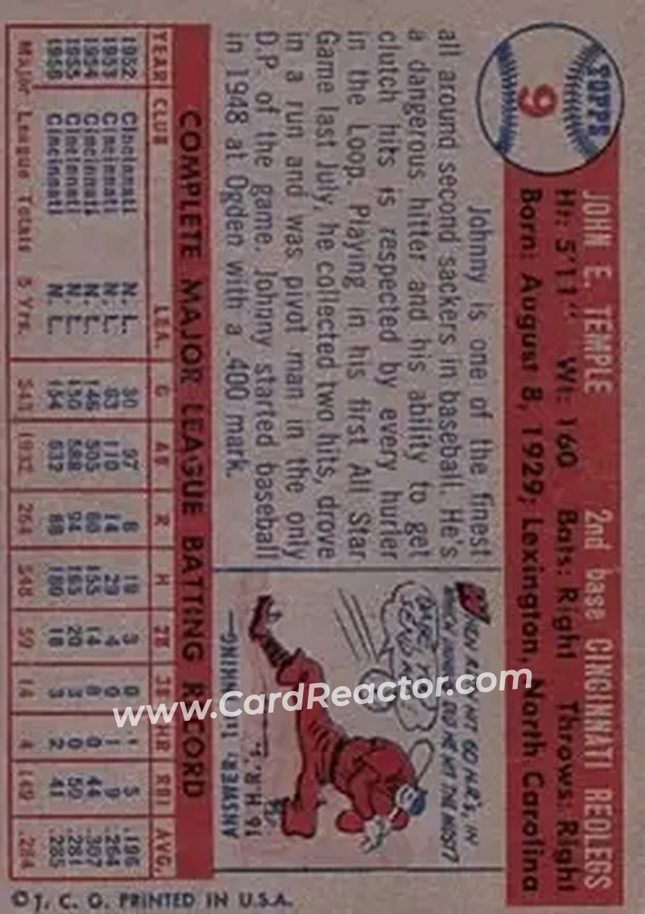 1957 Topps #9 - Johnny Temple - Cincinnati Redlegs - Back