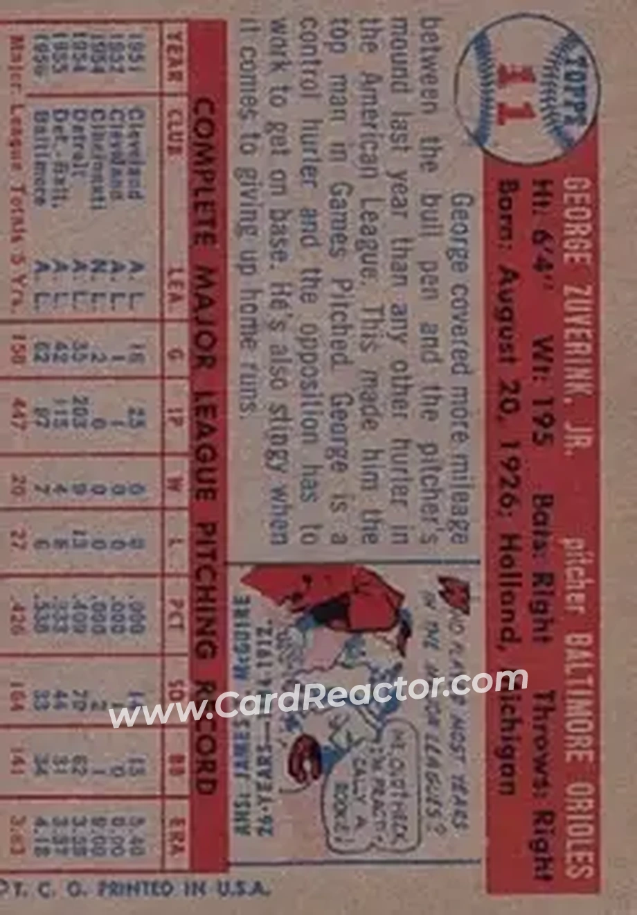 1957 Topps #11 - George Zuverink - Baltimore Orioles - Back