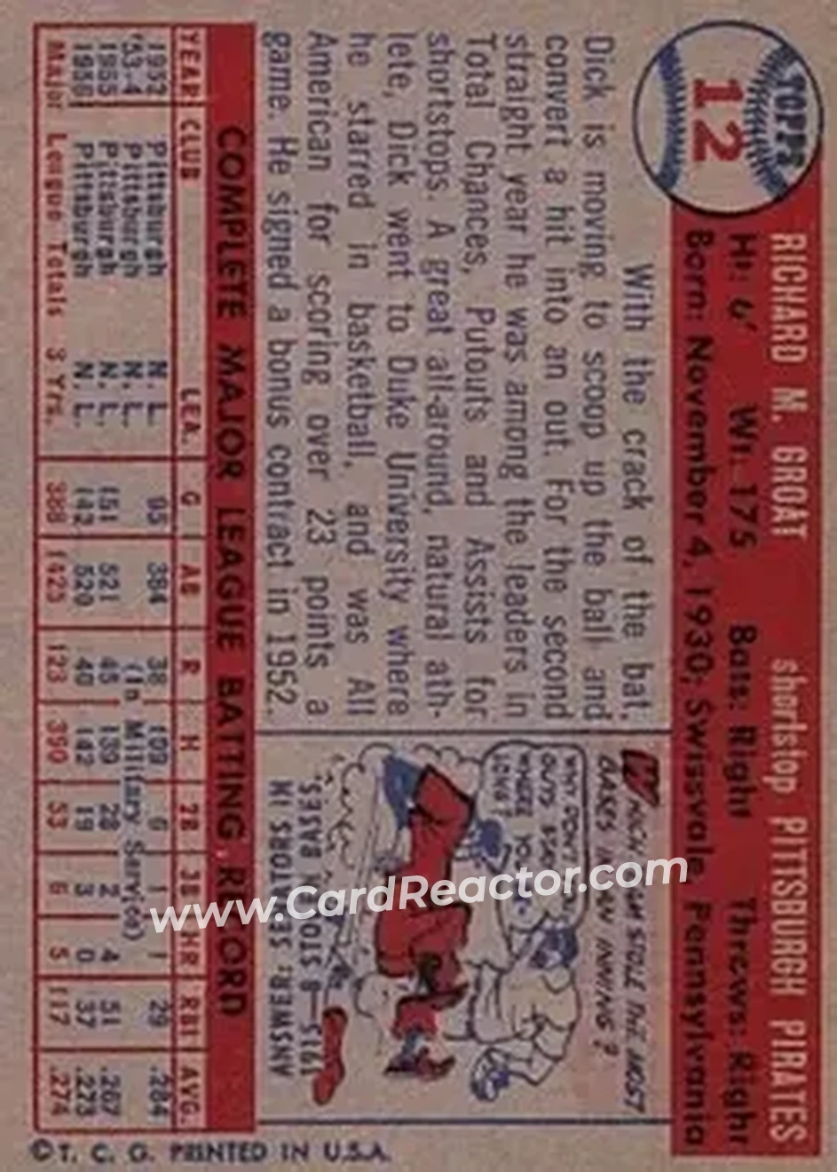 1957 Topps #12 - Dick Groat - Pittsburgh Pirates - Back