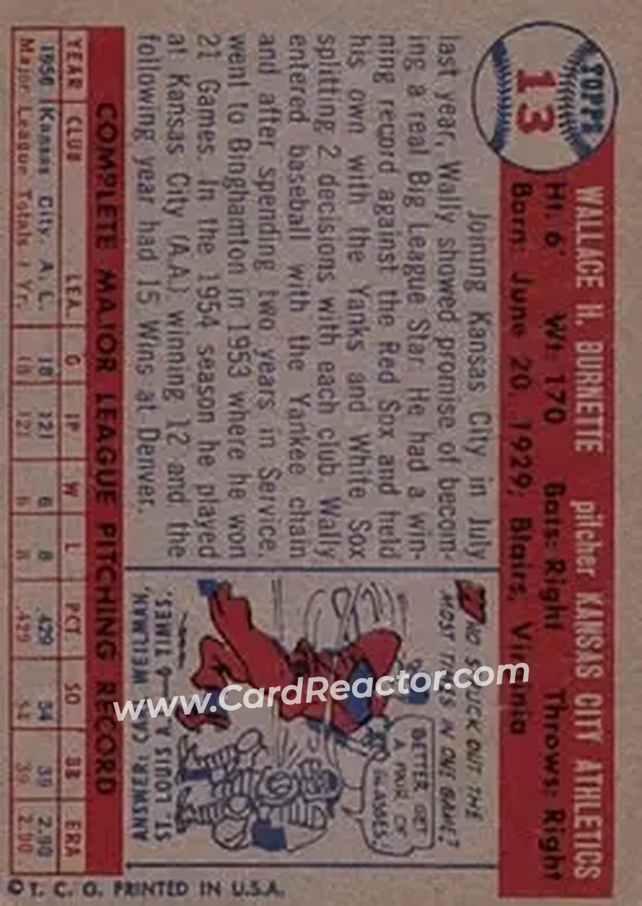 1957 Topps #13 - Wally Burnette - Kansas City Athletics - Back