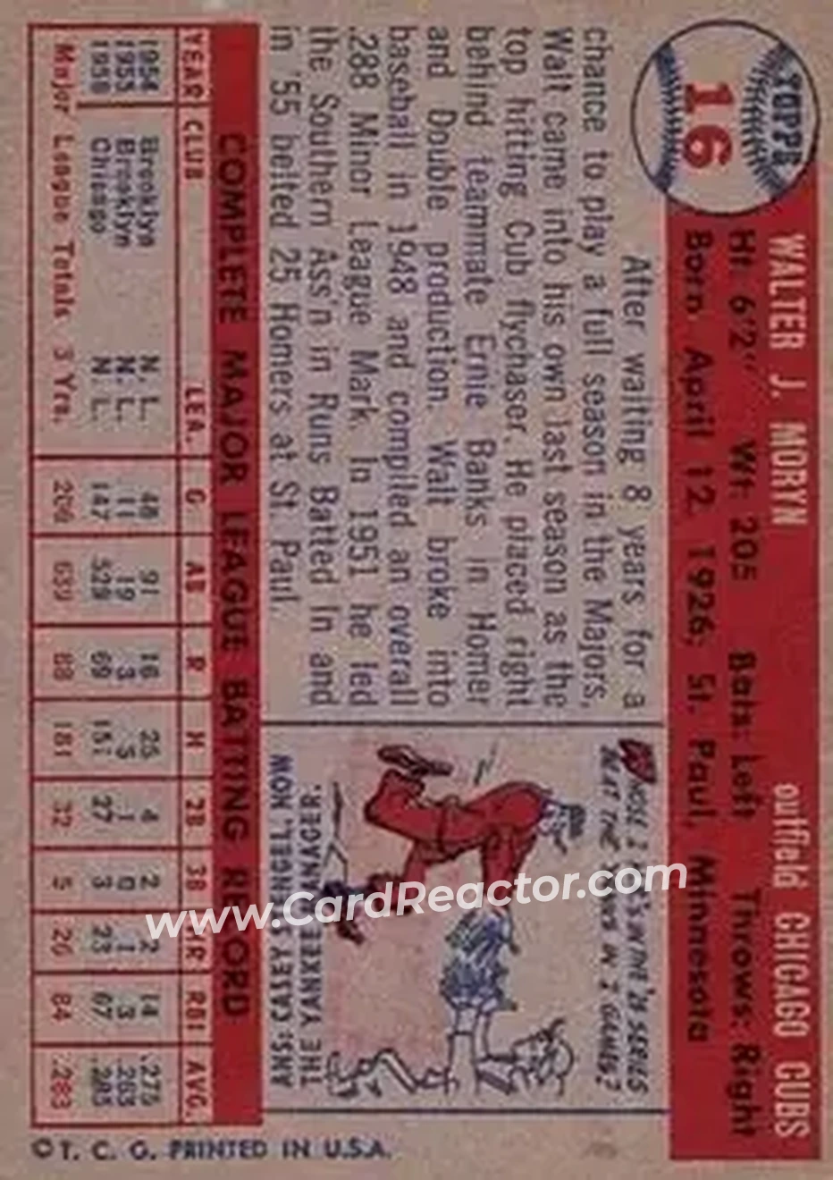 1957 Topps #16 - Walt Moryn - Chicago Cubs - Back