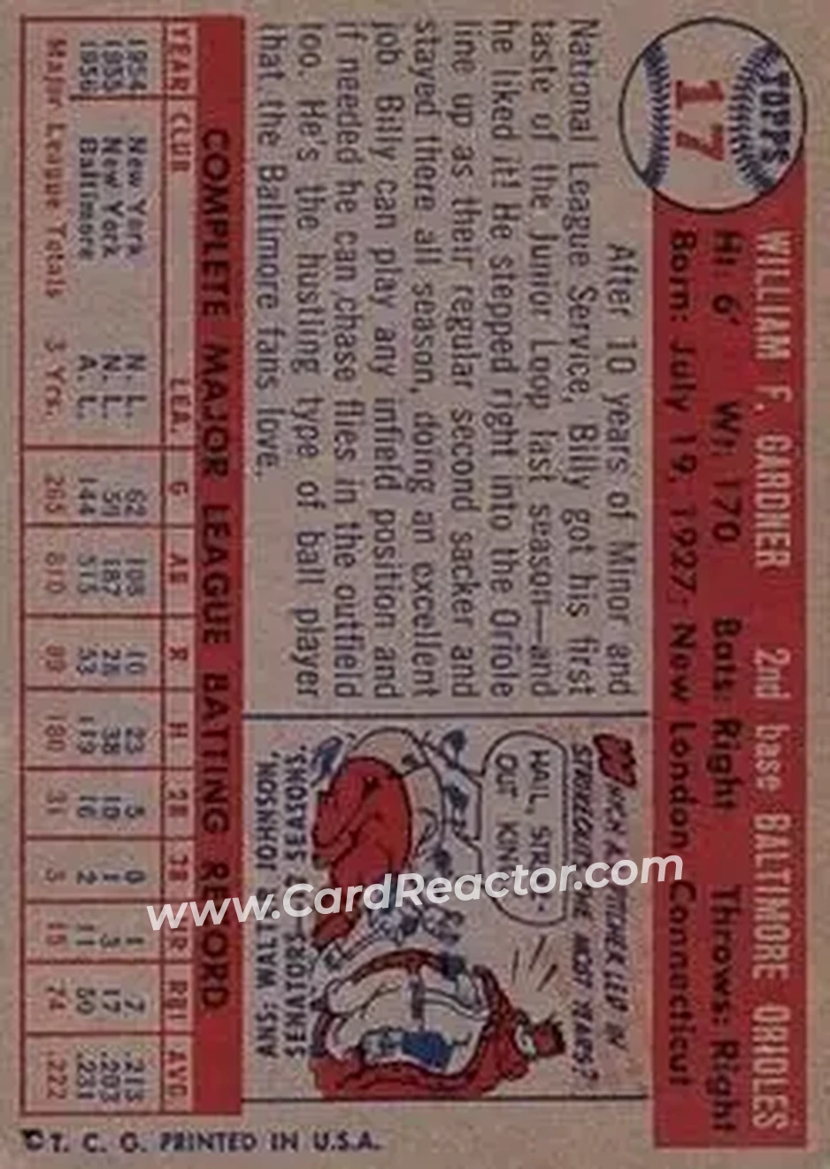 1957 Topps #17 - Billy Gardner - Baltimore Orioles - Back