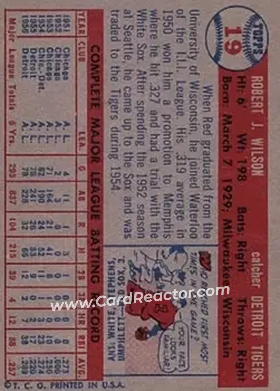 1957 Topps #19 - Bob Wilson - Detroit Tigers - Back 1957 Topps #19 - Bob Wilson - Detroit Tigers - Back