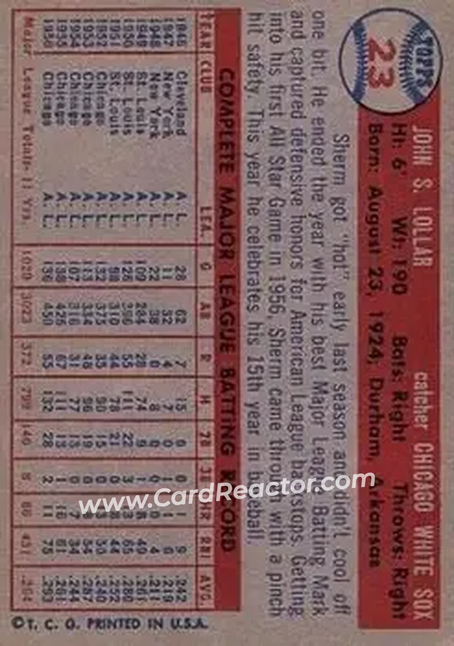 1957 Topps #23 - Sherman Lollar - Chicago White Sox - Back 1957 Topps #23 - Sherman Lollar - Chicago White Sox - Back