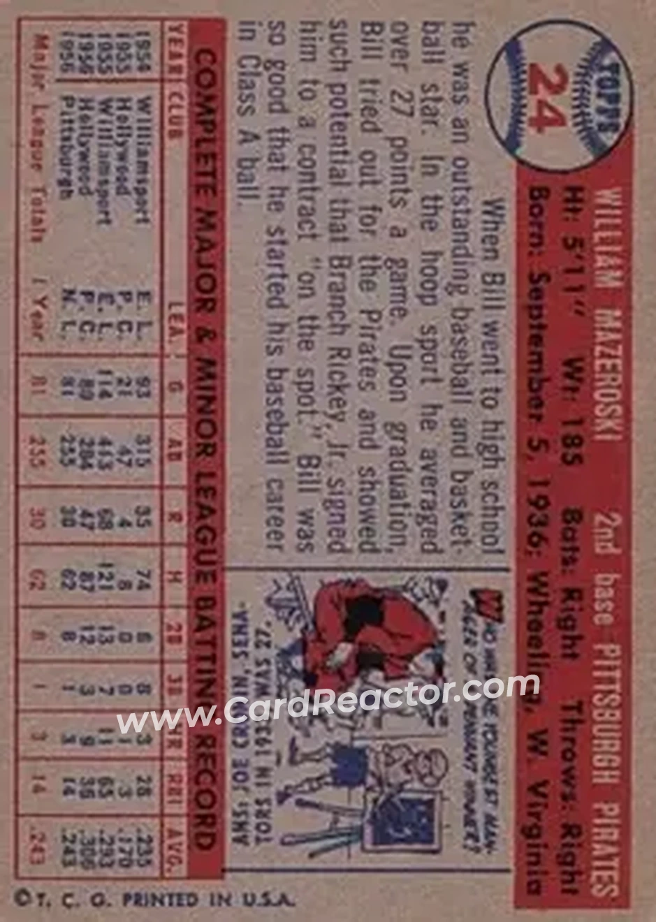 1957 Topps #24 - Bill Mazeroski - Pittsburgh Pirates - Back