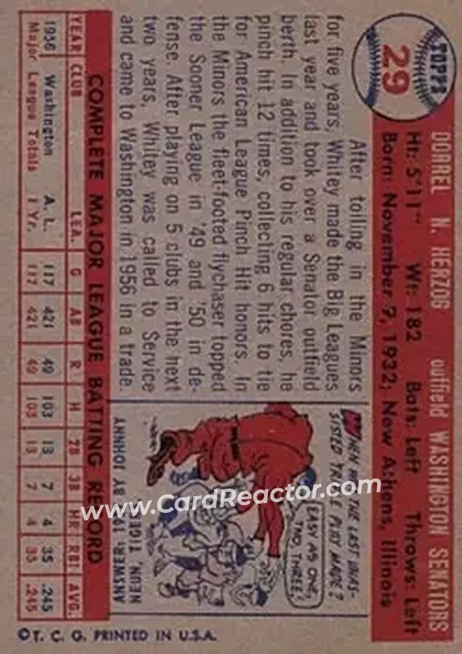 1957 Topps #29 - Whitey Herzog - Washington Senators - Back 1957 Topps #29 - Whitey Herzog - Washington Senators - Back
