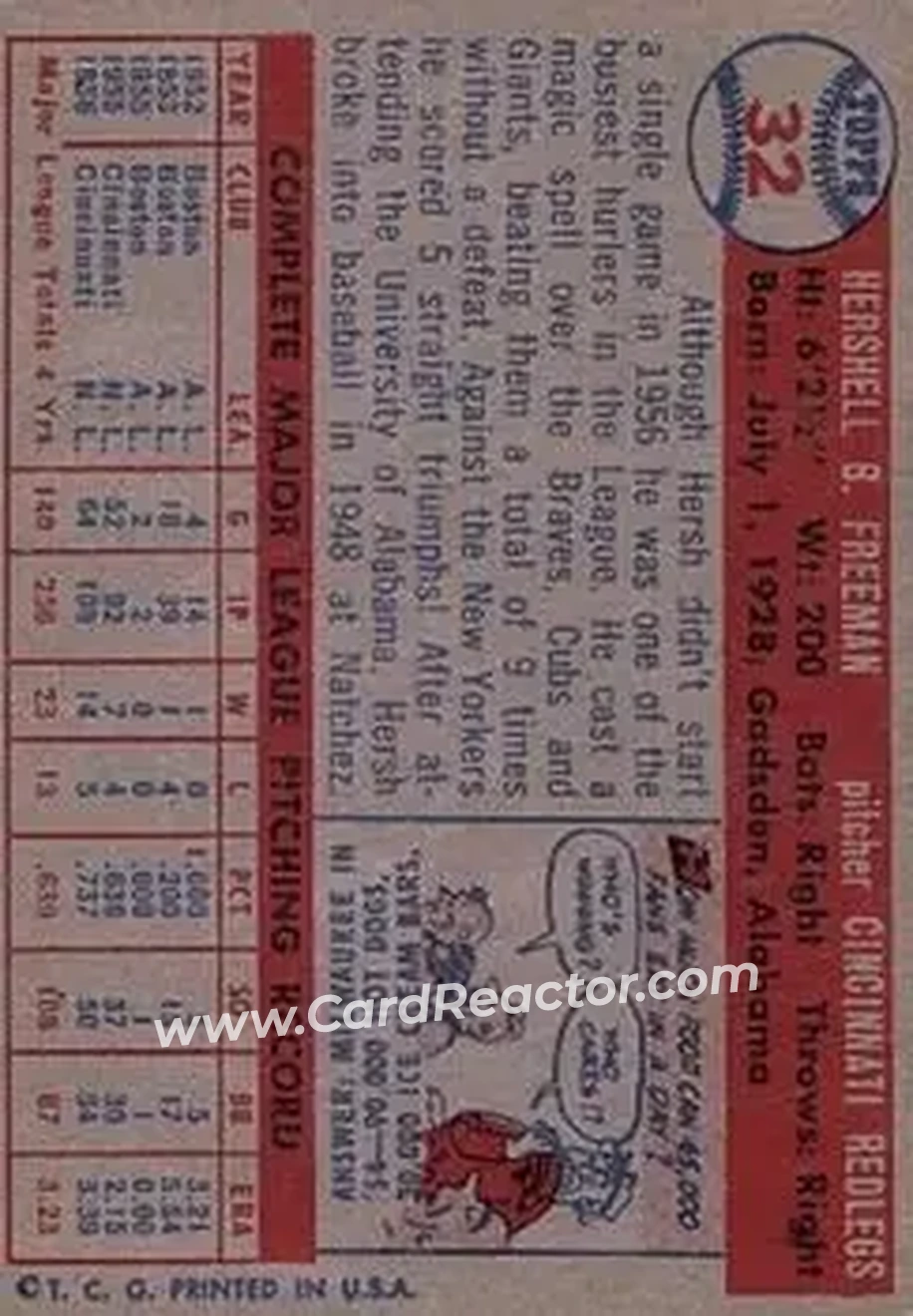 1957 Topps #32 - Hersh Freeman - Cincinnati Redlegs - Back