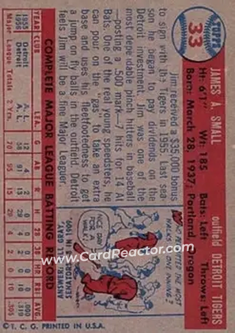 1957 Topps #33 - Jim Small - Detroit Tigers - Back