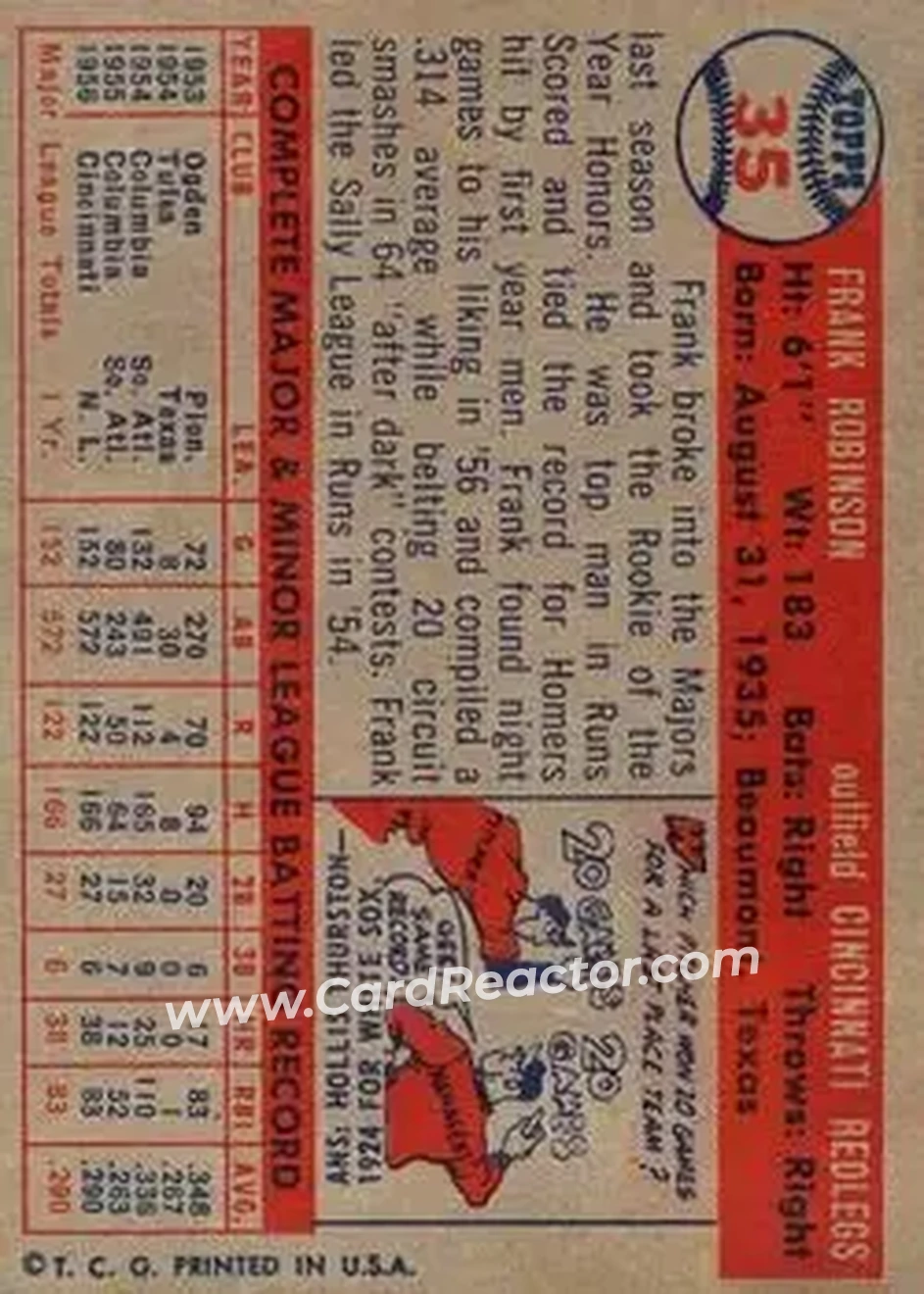 1957 Topps #35 - Frank Robinson - Cincinnati Redlegs - Back 1957 Topps #35 - Frank Robinson - Cincinnati Redlegs - Back