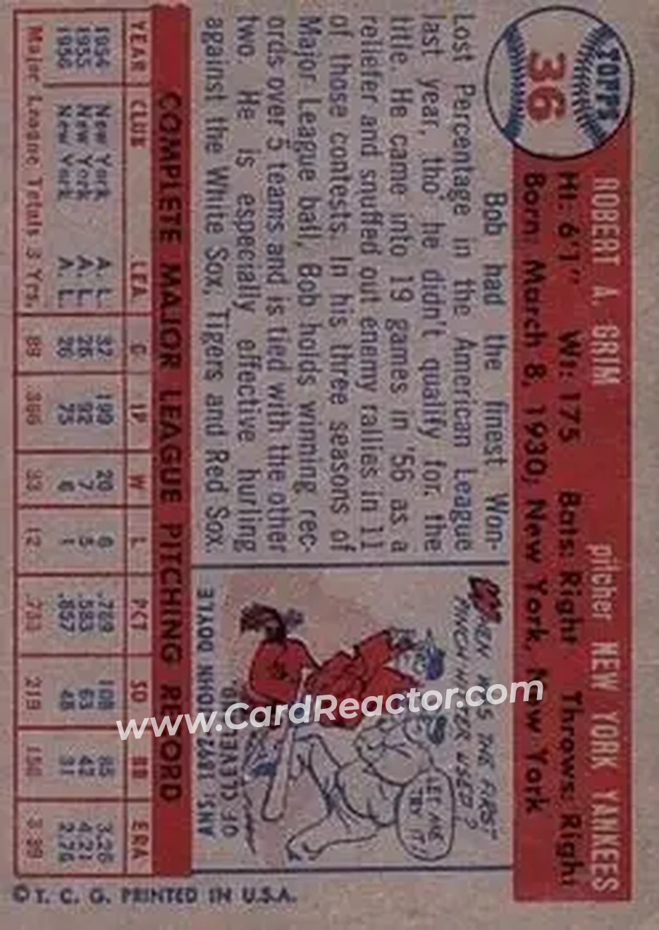1957 Topps #36 - Bob Grim - New York Yankees - Back