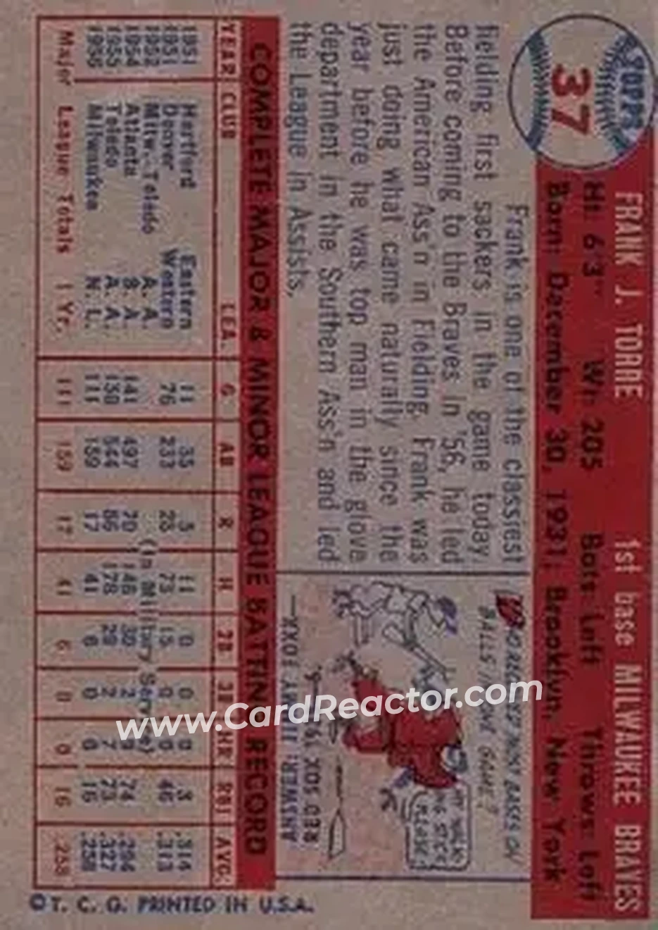 1957 Topps #37 - Frank Torre - Milwaukee Braves - Back