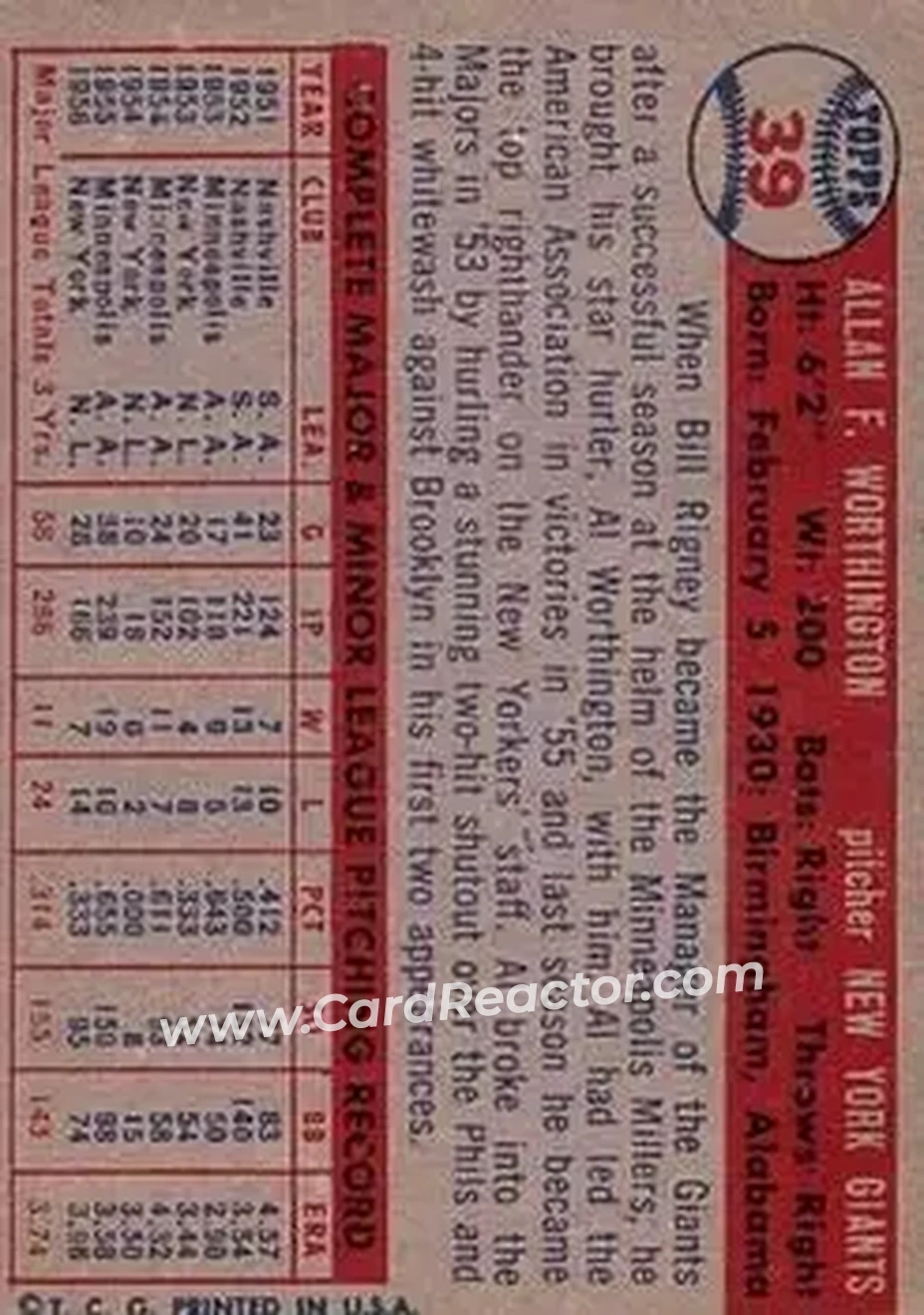 1957 Topps #39 - Al Worthington - New York Giants - Back