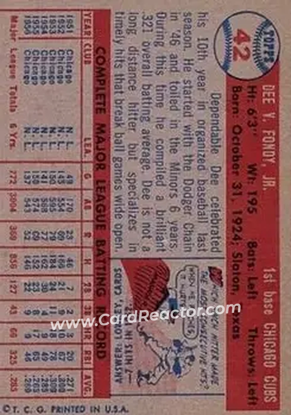 1957 Topps #42 - Dee Fondy - Chicago Cubs - Back