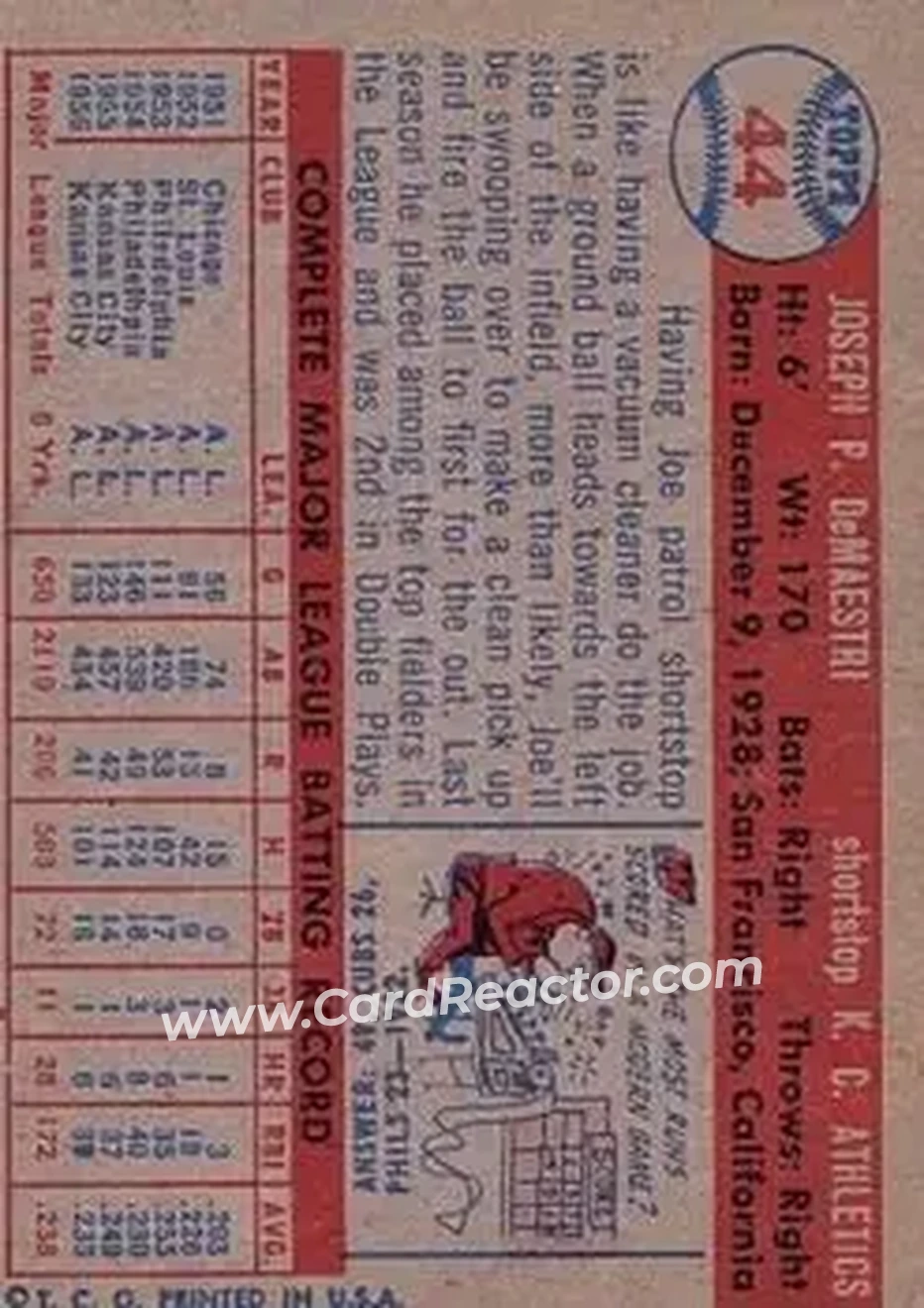 1957 Topps #44 - Joe DeMaestri - Kansas City Athletics - Back 1957 Topps #44 - Joe DeMaestri - Kansas City Athletics - Back