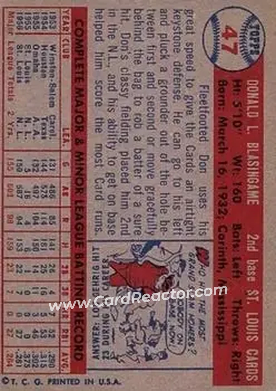 1957 Topps #47 - Don Blasingame - St. Louis Cardinals - Back