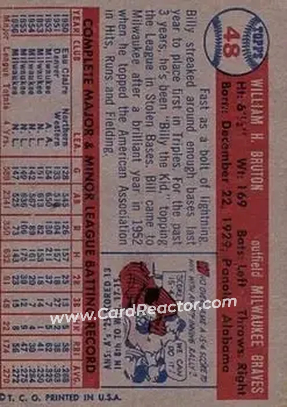 1957 Topps #48 - Bill Bruton - Milwaukee Braves - Back