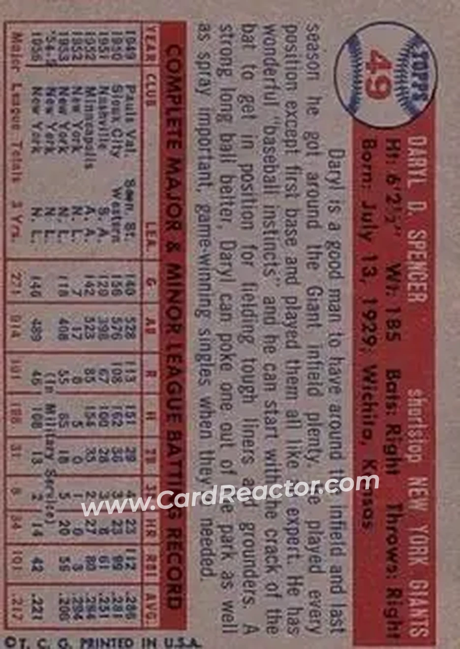 1957 Topps #49 - Daryl Spencer - New York Giants - Back