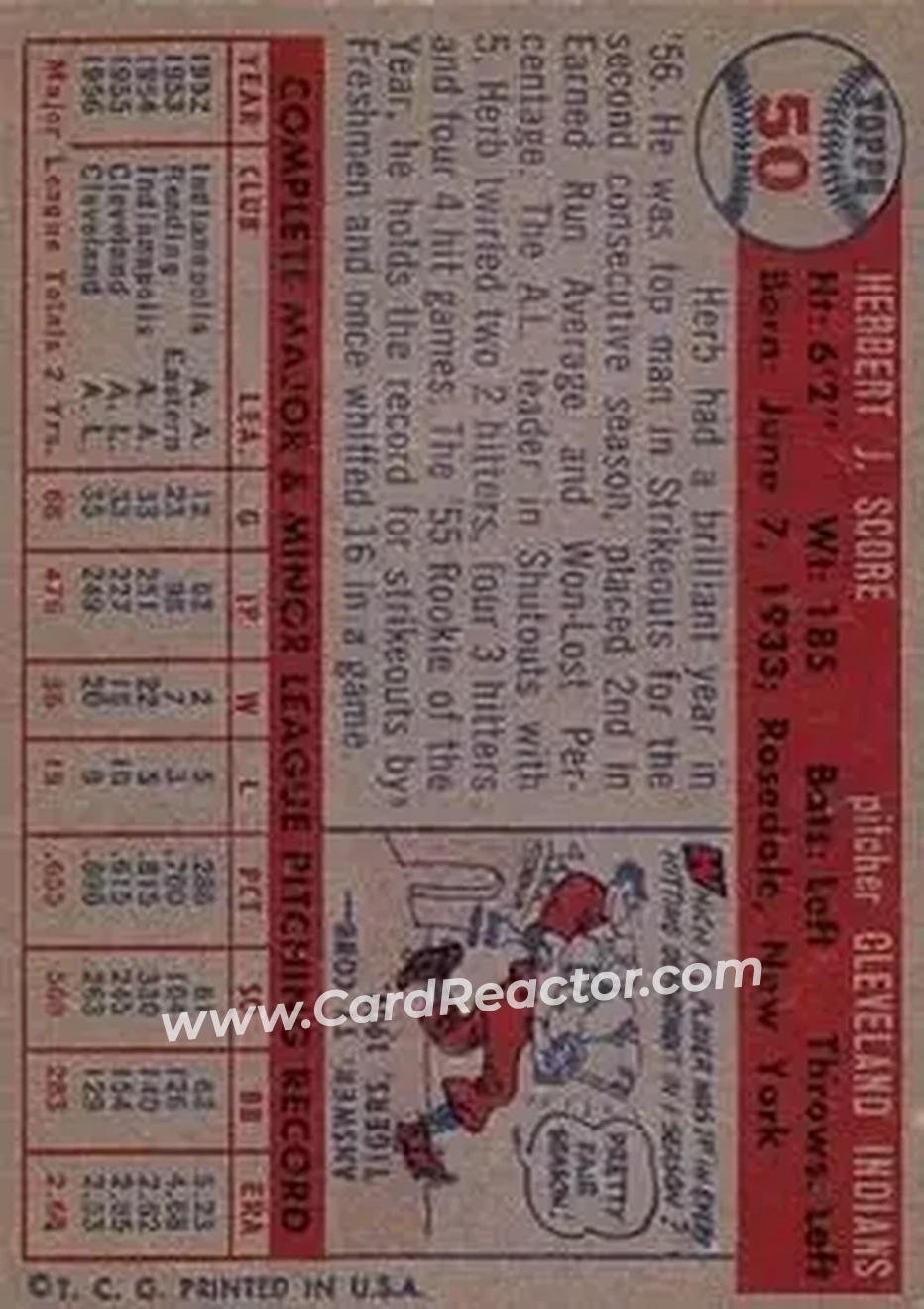 1957 Topps #50 - Herb Score - Cleveland Indians - Back