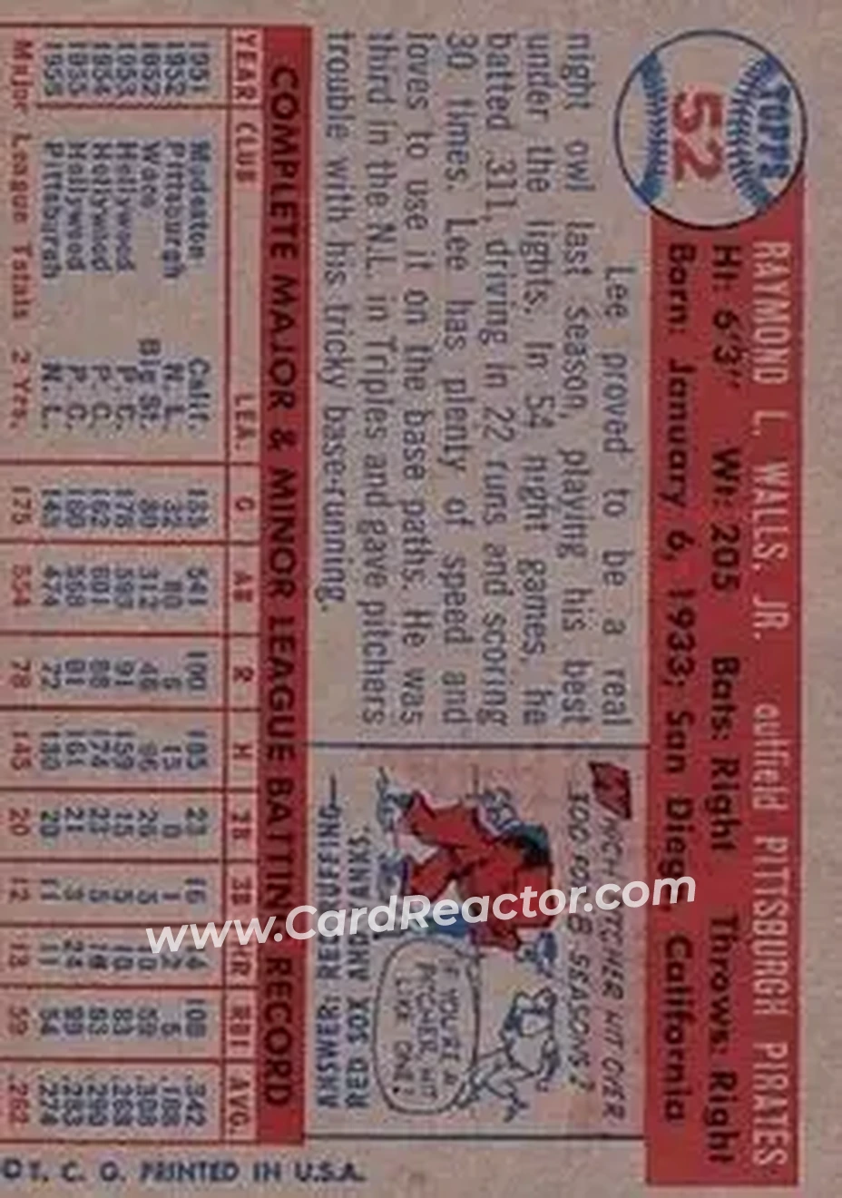 1957 Topps #52 - Lee Walls - Pittsburgh Pirates - Back 1957 Topps #52 - Lee Walls - Pittsburgh Pirates - Back
