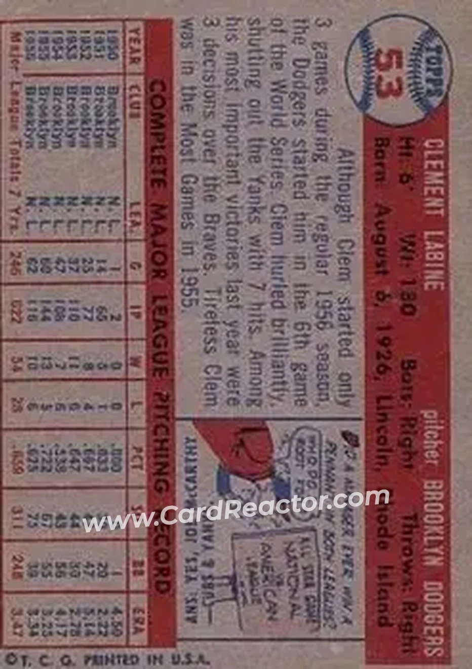 1957 Topps #53 - Clem Labine - Brooklyn Dodgers - Back