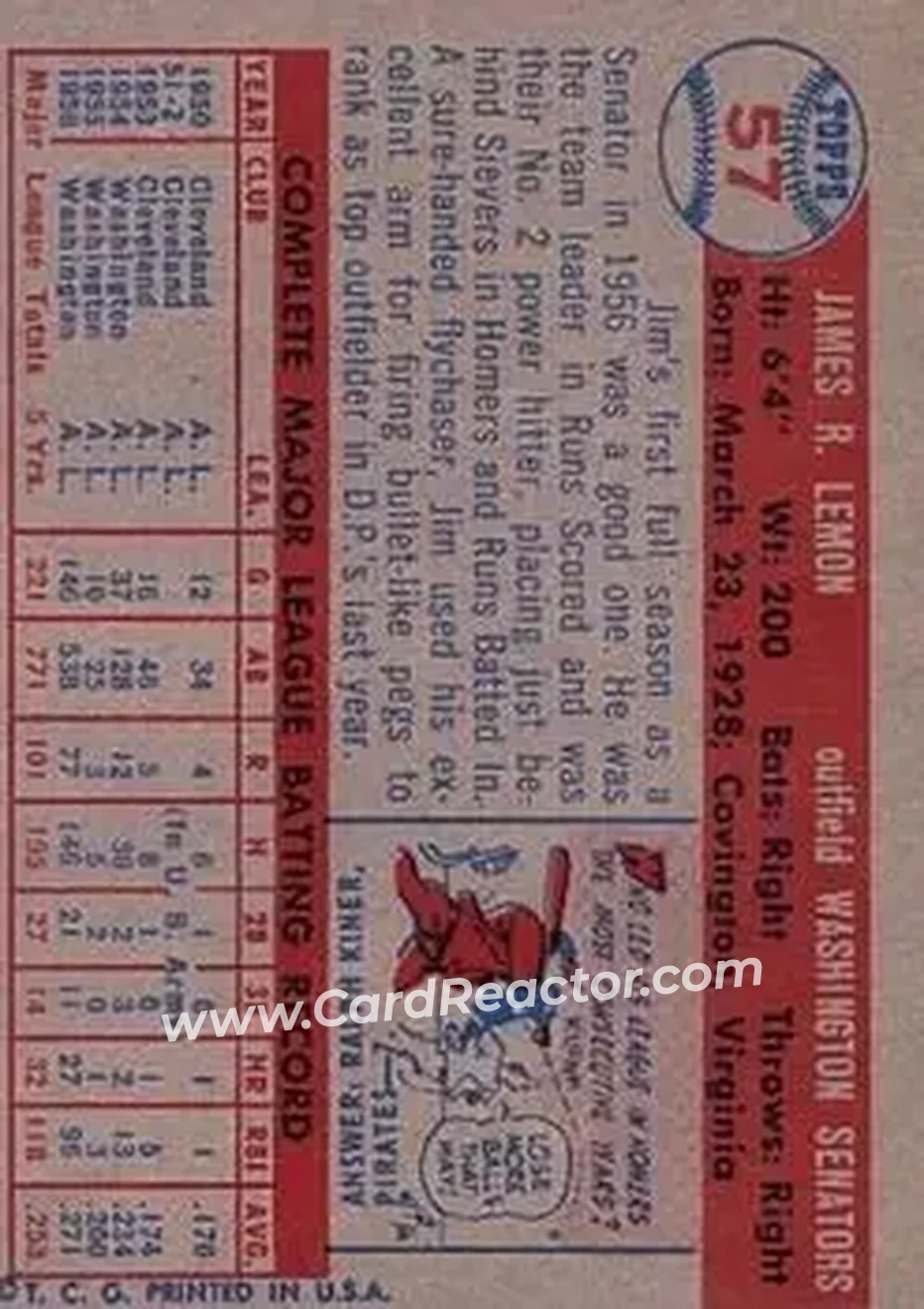 1957 Topps #57 - Jim Lemon - Washington Senators - Back