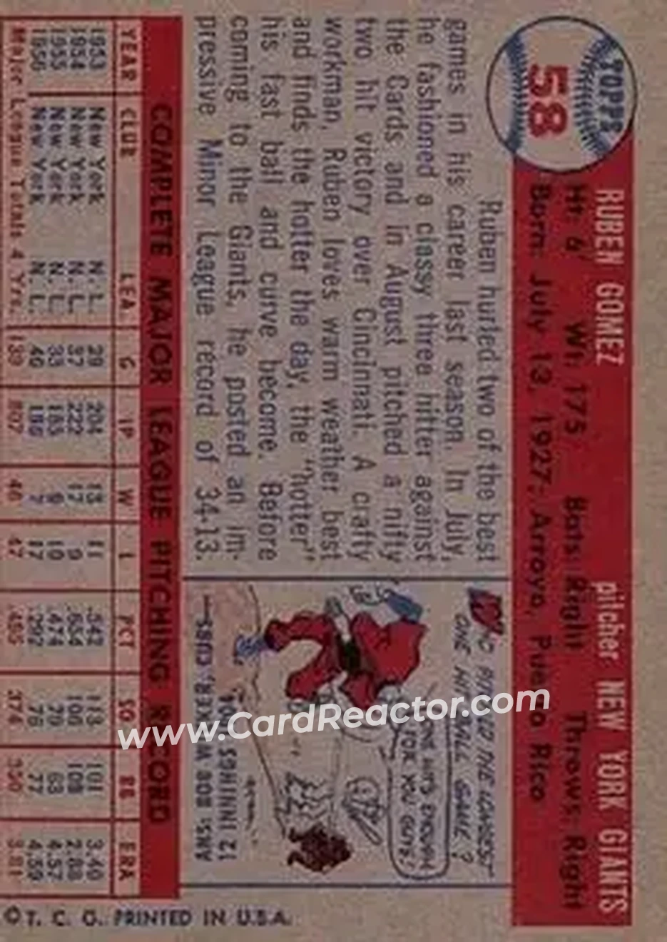 1957 Topps #58 - Ruben Gomez - New York Giants - Back 1957 Topps #58 - Ruben Gomez - New York Giants - Back