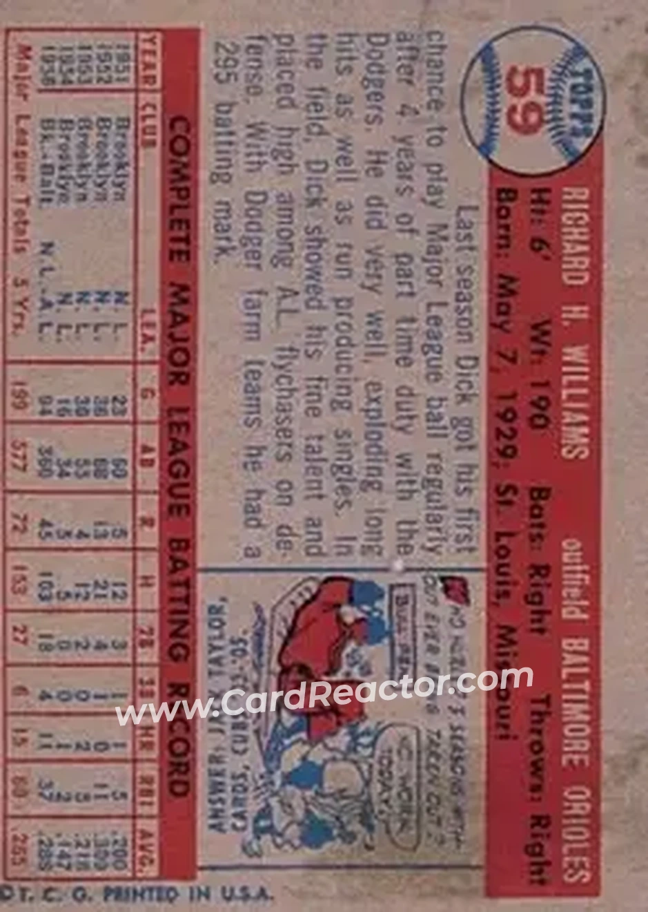 1957 Topps #59 - Dick Williams - Baltimore Orioles - Back