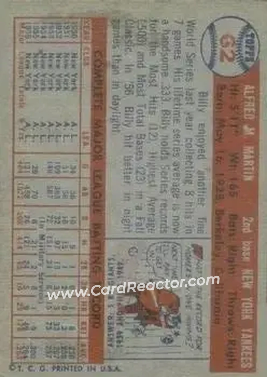 1957 Topps #62 - Billy Martin - New York Yankees - Back 1957 Topps #62 - Billy Martin - New York Yankees - Back
