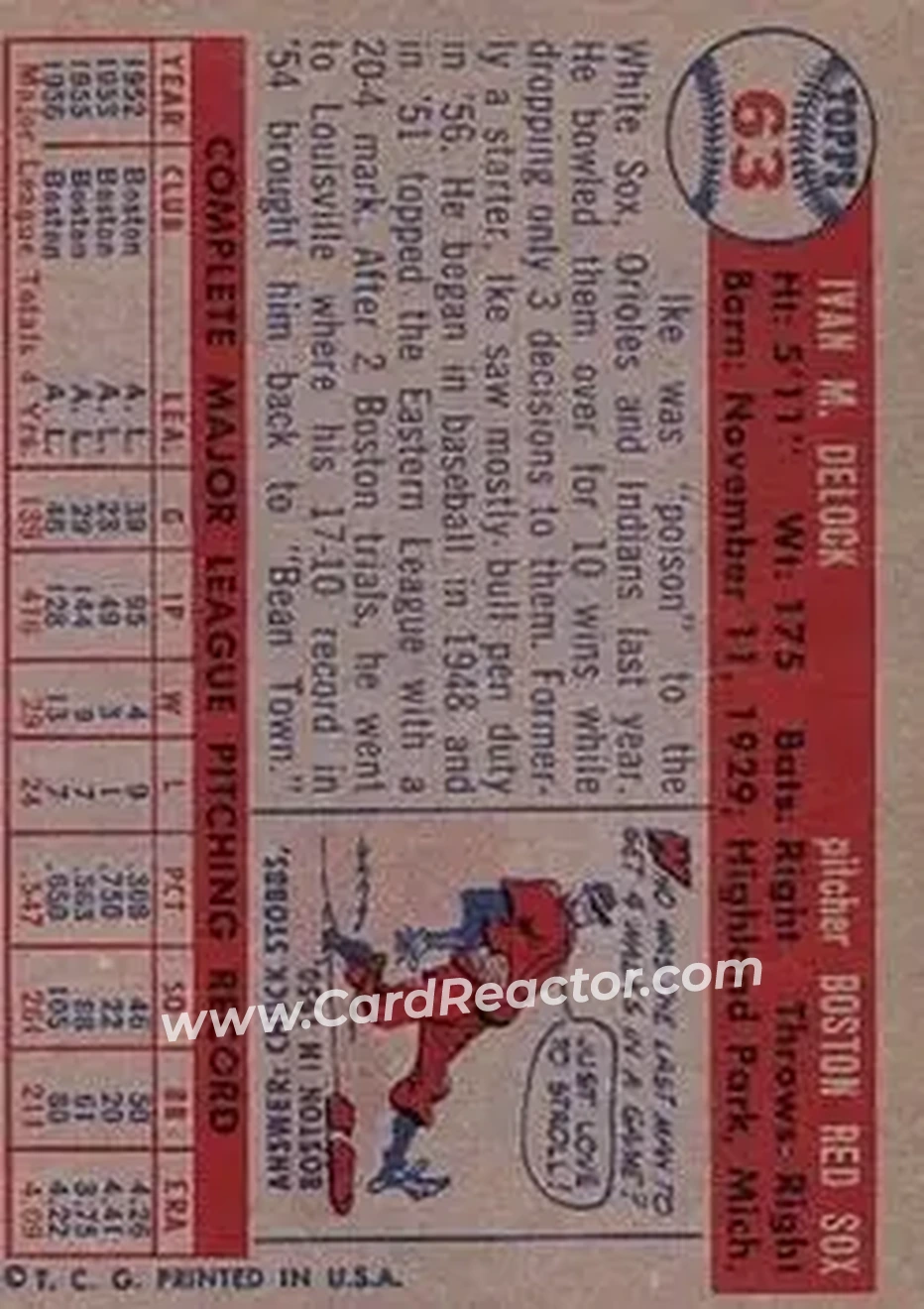 1957 Topps #63 - Ike Delock - Boston Red Sox - Back