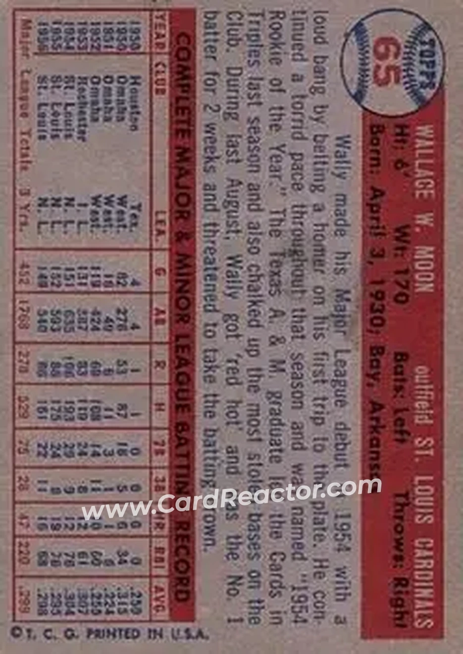 1957 Topps #65 - Wally Moon - St. Louis Cardinals - Back 1957 Topps #65 - Wally Moon - St. Louis Cardinals - Back