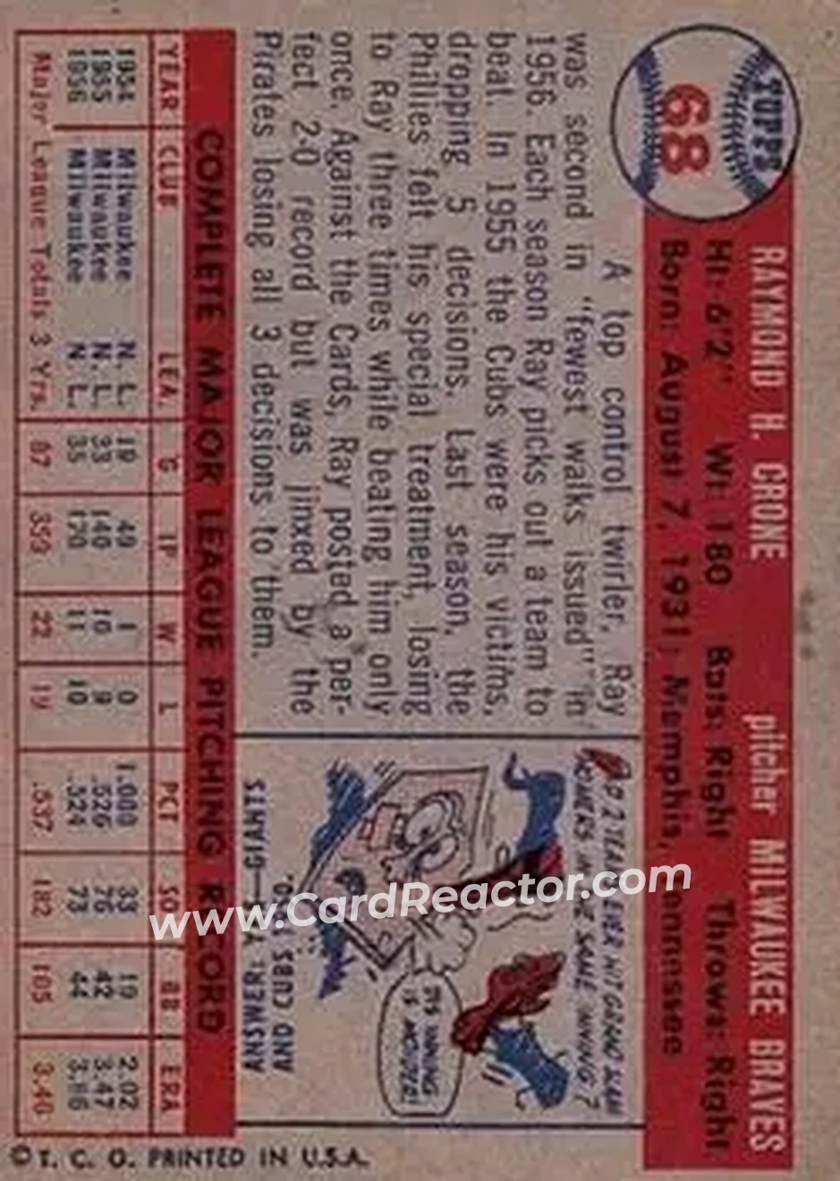 1957 Topps #68 - Ray Crone - Milwaukee Braves - Back 1957 Topps #68 - Ray Crone - Milwaukee Braves - Back