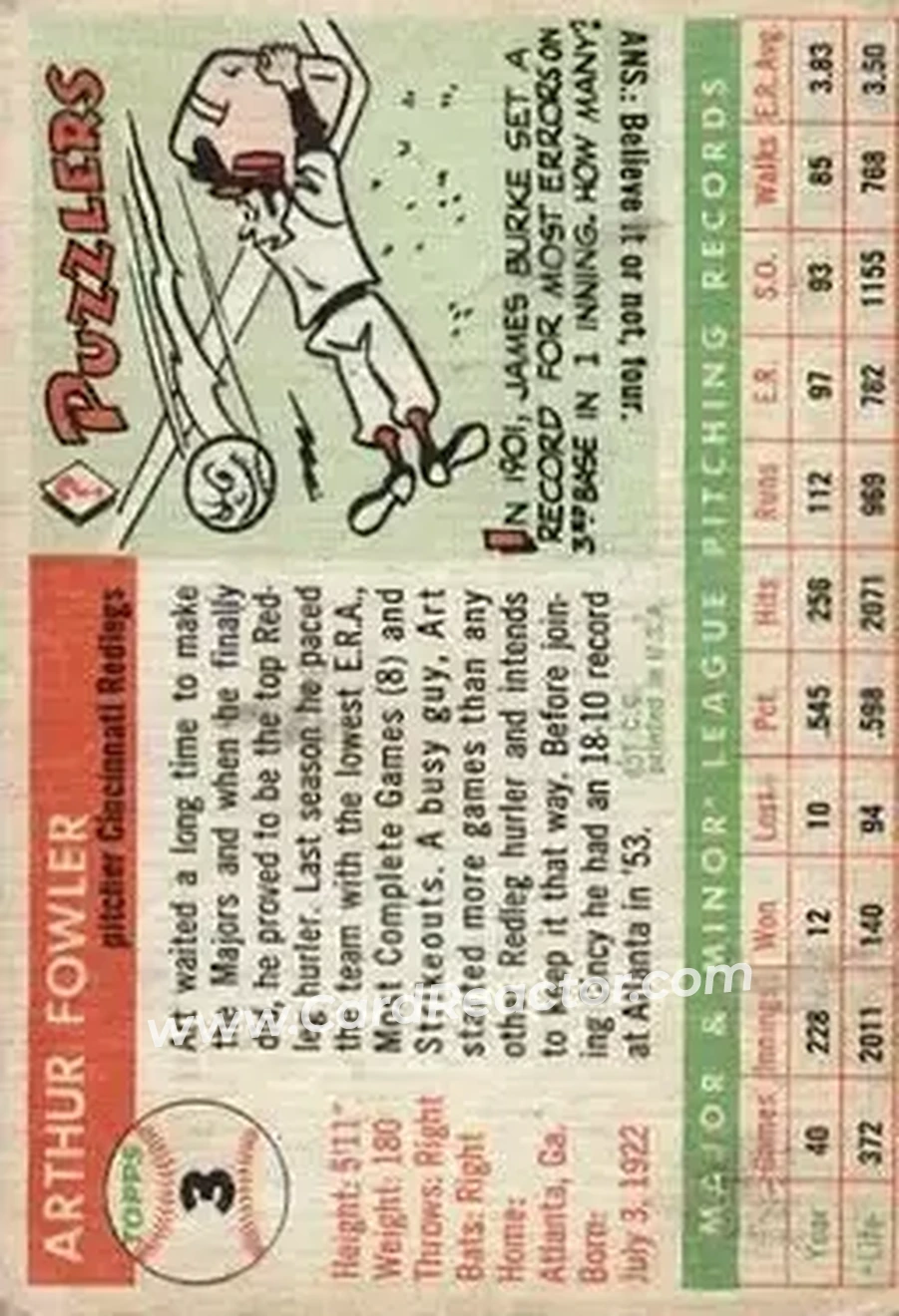 1955 Topps #3 - Art Fowler - Cincinnati Redlegs - Back