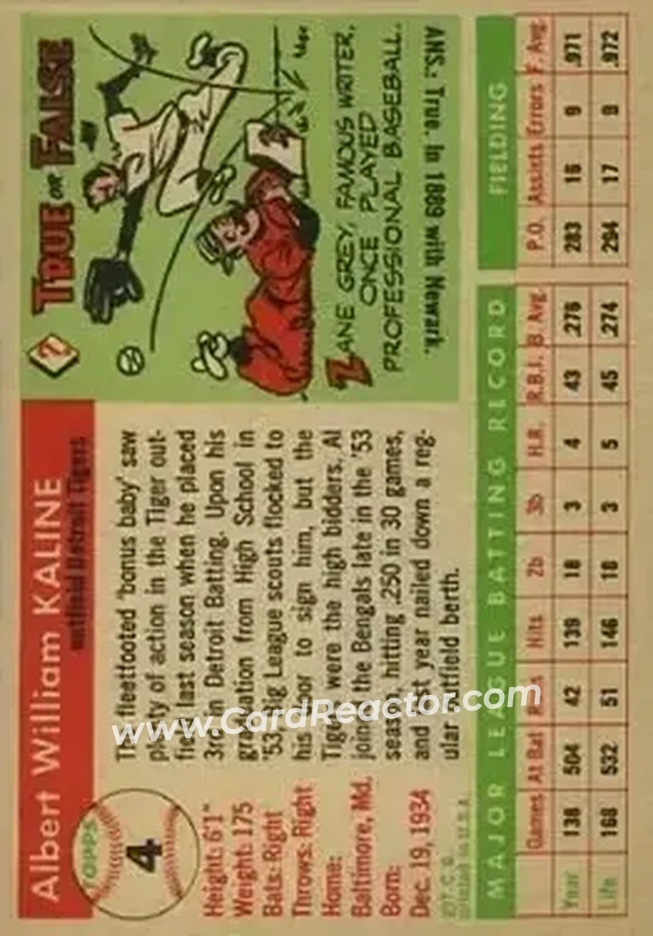 1955 Topps #4 - Al Kaline - Detroit Tigers - Back 1955 Topps #4 - Al Kaline - Detroit Tigers - Back
