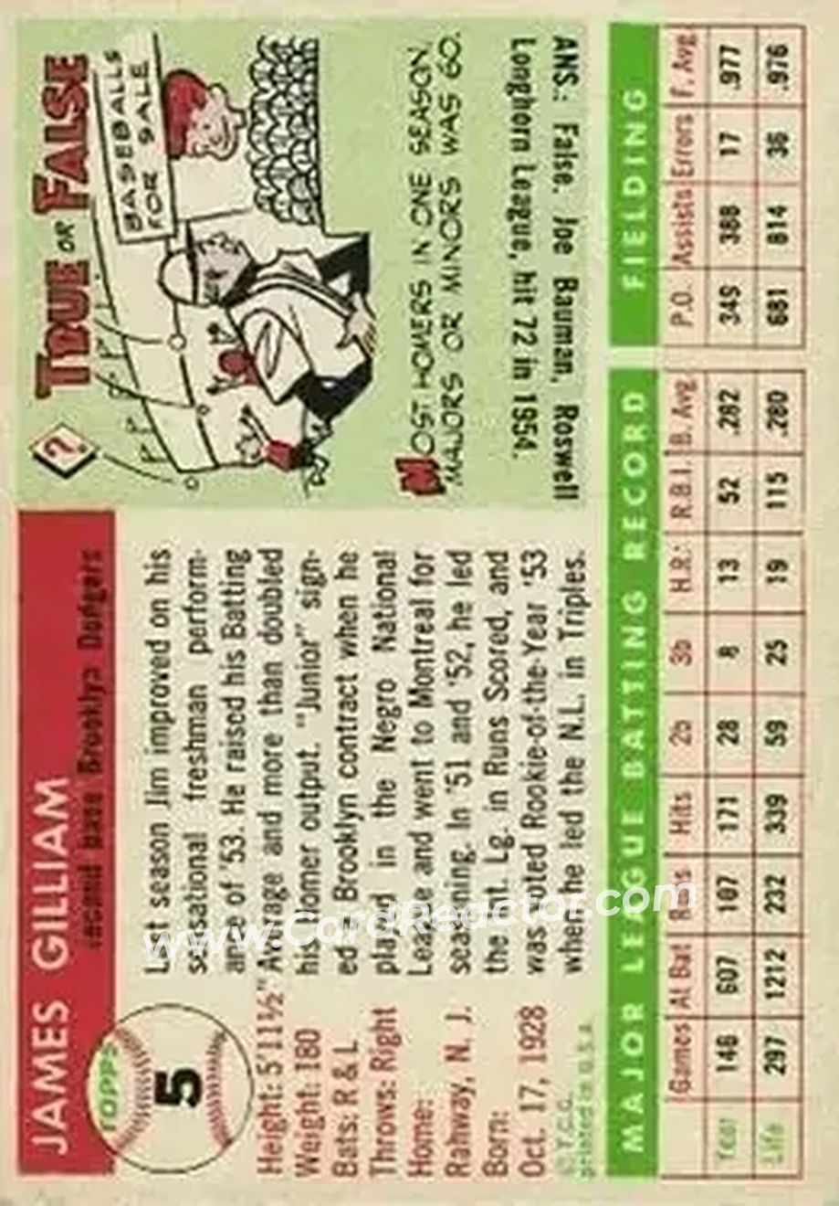 1955 Topps #5 - Jim Gilliam - Brooklyn Dodgers - Back 1955 Topps #5 - Jim Gilliam - Brooklyn Dodgers - Back