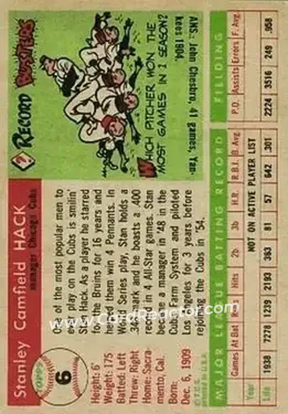 1955 Topps #6 - Stan Hack - Chicago Cubs - Back 1955 Topps #6 - Stan Hack - Chicago Cubs - Back