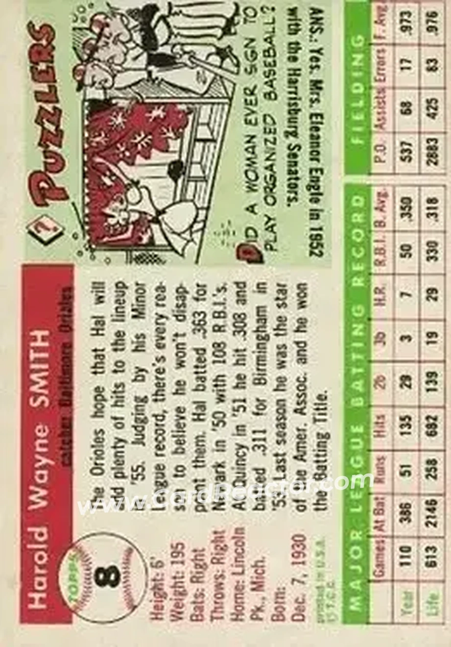 1955 Topps #8 - Hal Smith - Baltimore Orioles - Back
