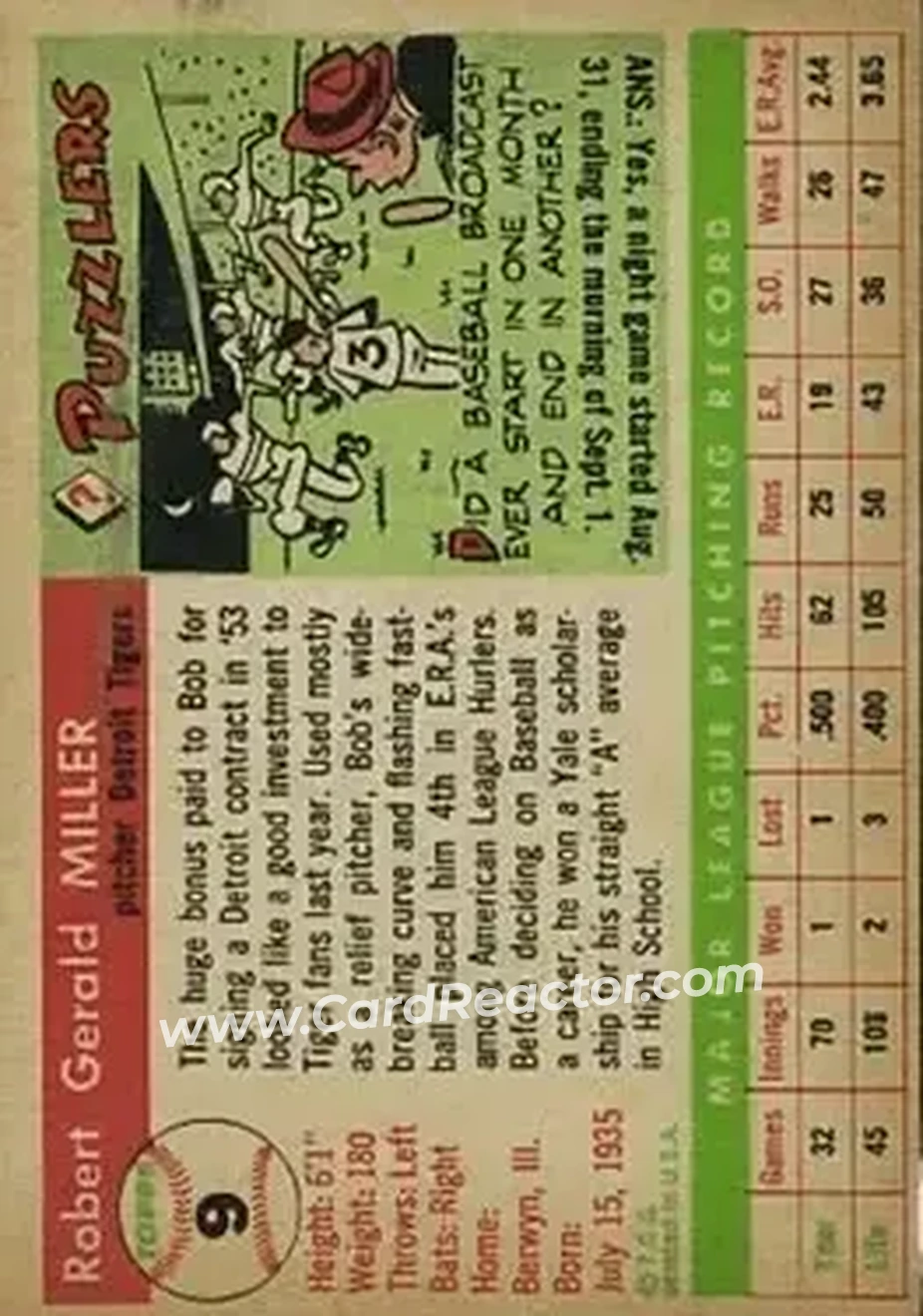 1955 Topps #9 - Bob Miller - Detroit Tigers - Back 1955 Topps #9 - Bob Miller - Detroit Tigers - Back