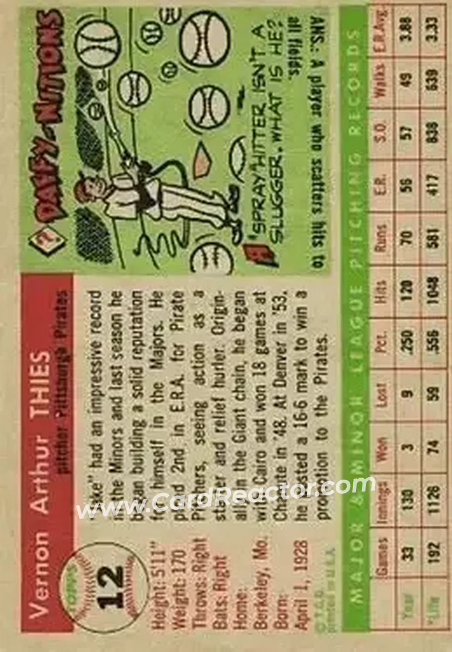1955 Topps #12 - Jake Thies - Pittsburgh Pirates - Back