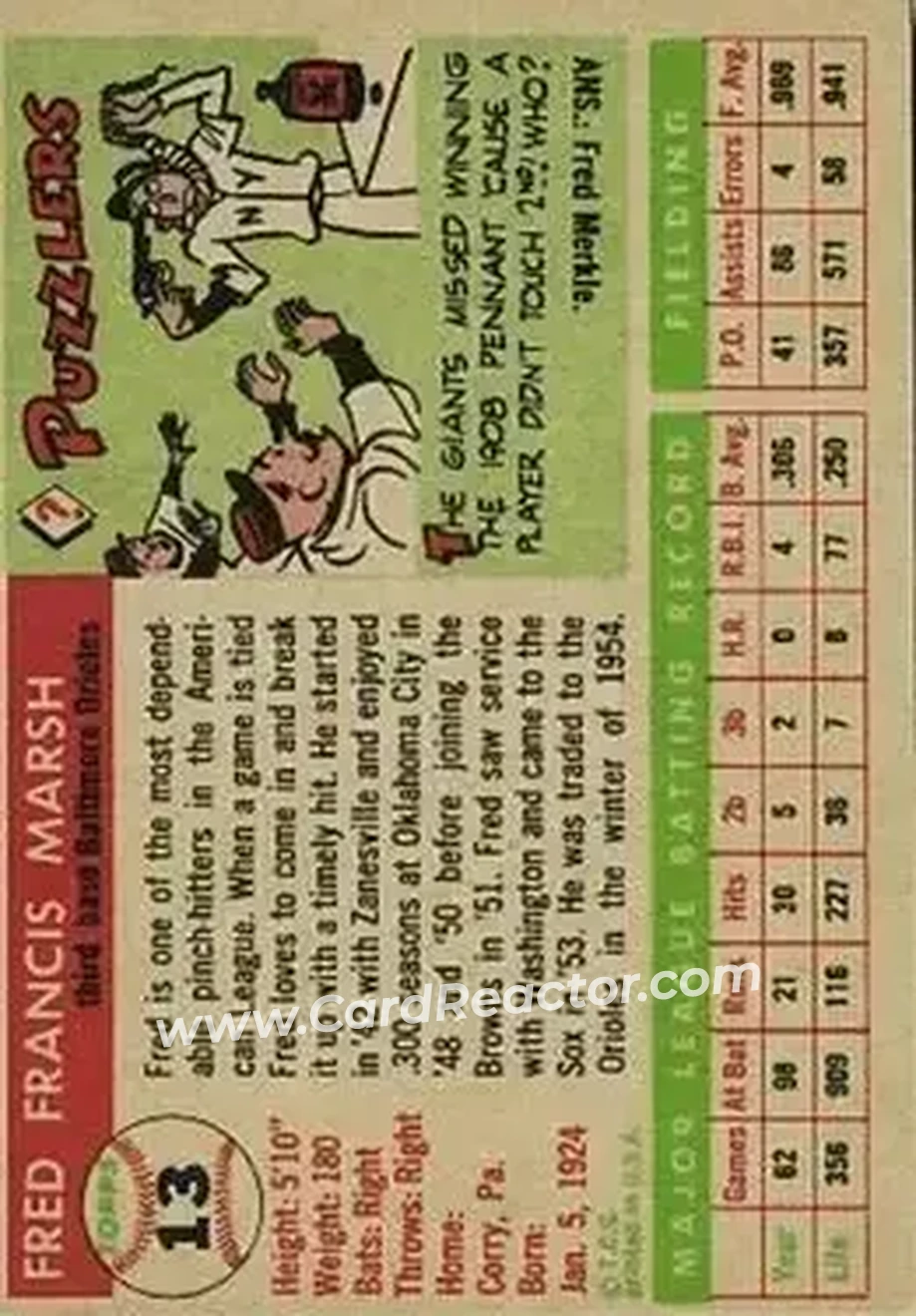 1955 Topps #13 - Fred Marsh - Baltimore Orioles - Back