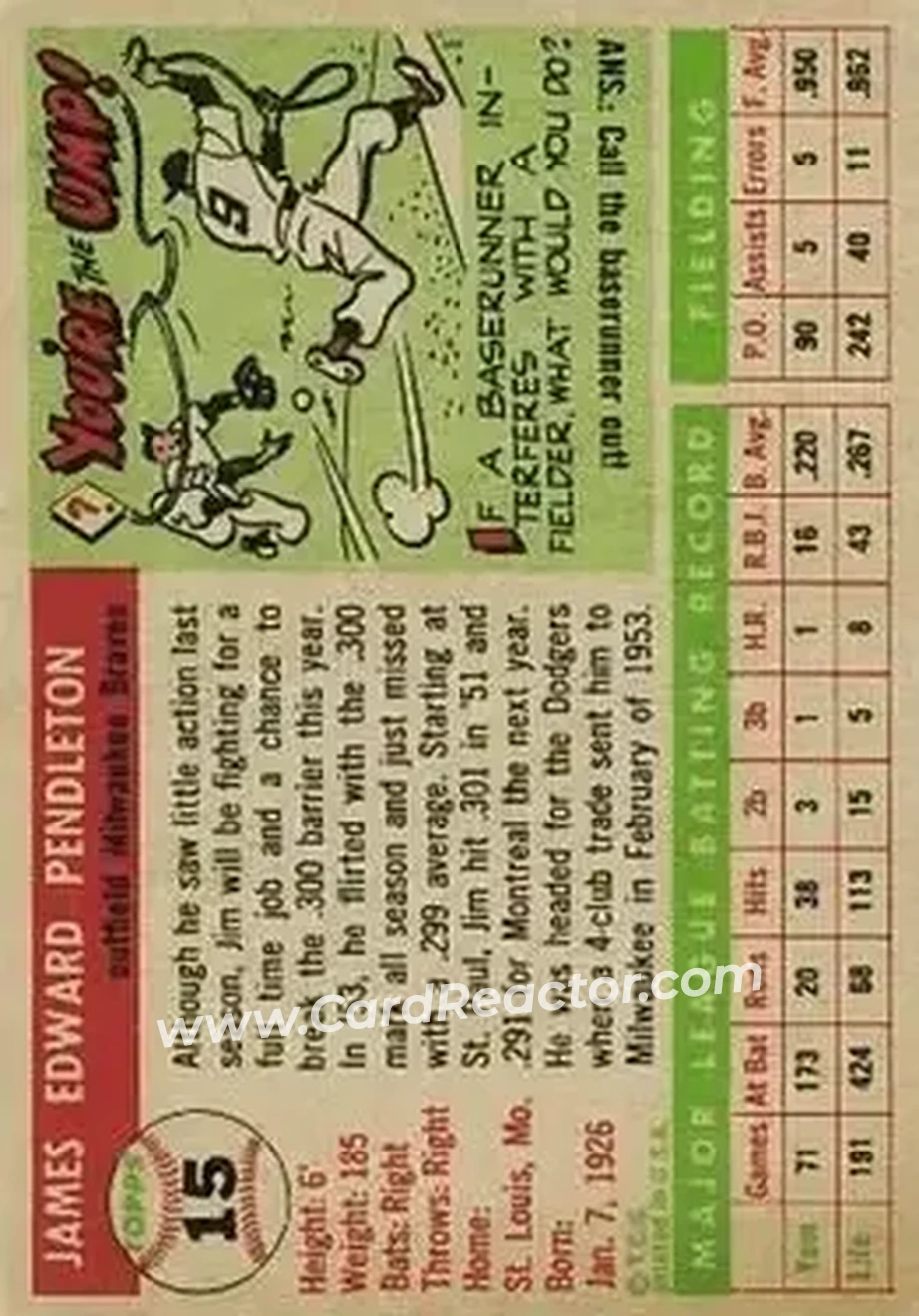 1955 Topps #15 - Jim Pendleton - Milwaukee Braves - Back