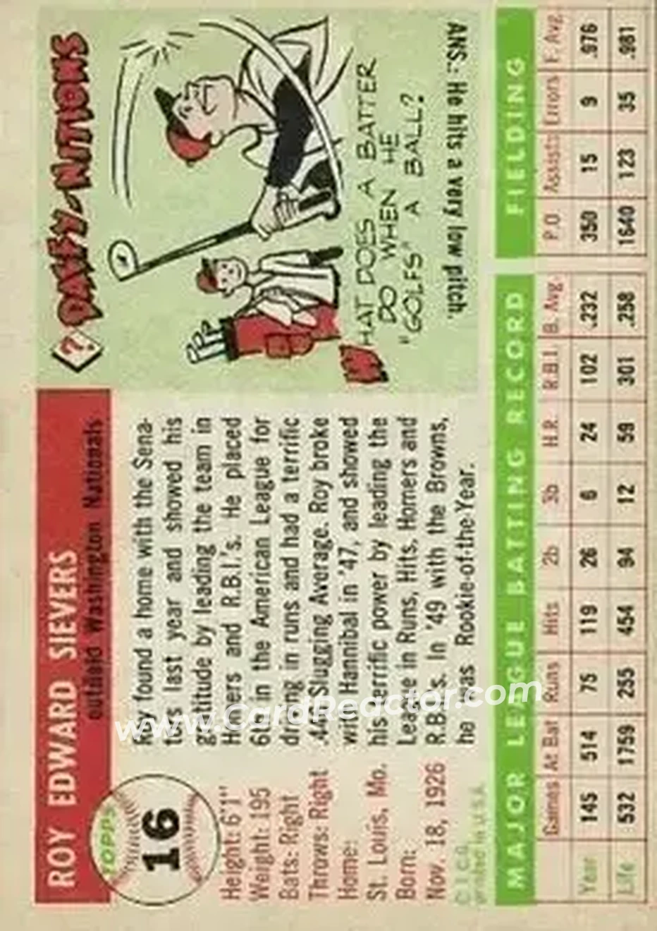 1955 Topps #16 - Roy Sievers - Washington Senators - Back