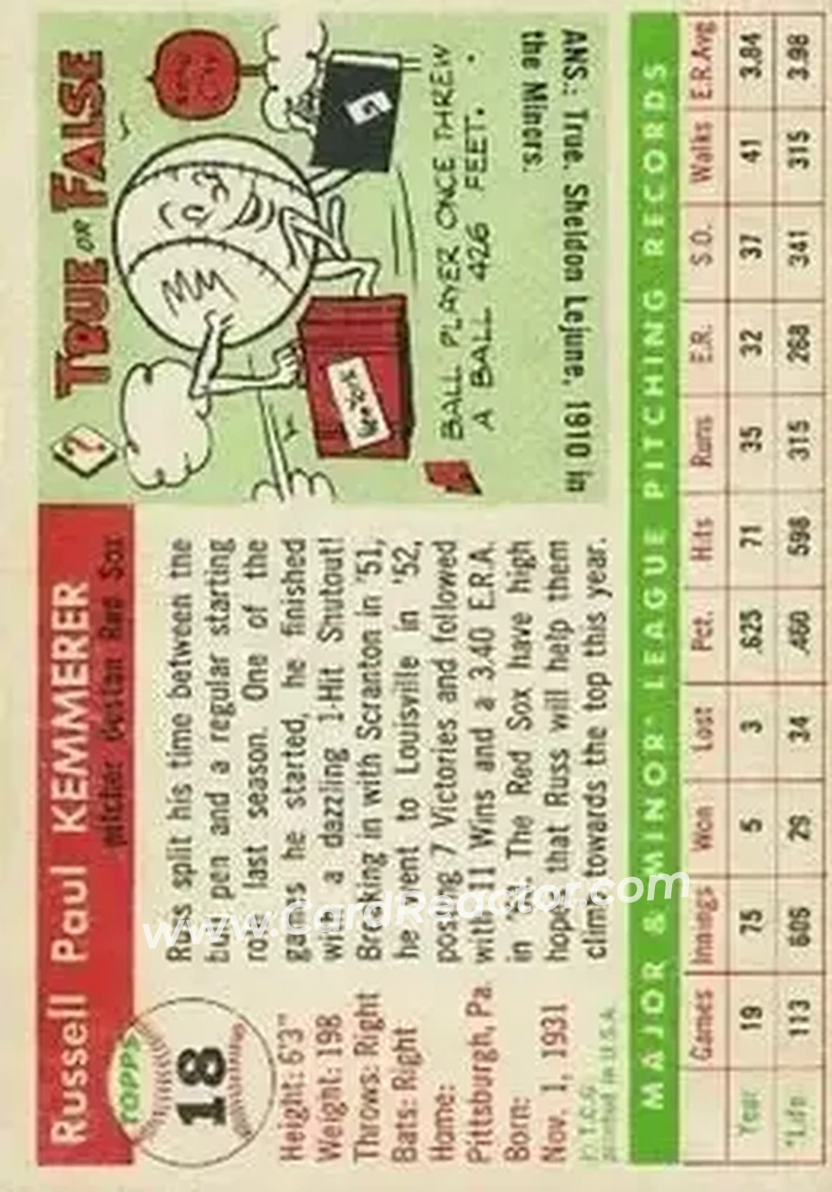 1955 Topps #18 - Russ Kemmerer - Boston Red Sox - Back