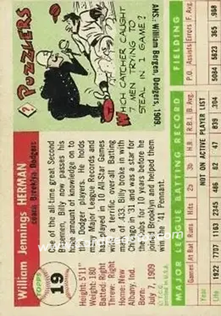 1955 Topps #19 - Billy Herman - Brooklyn Dodgers - Back
