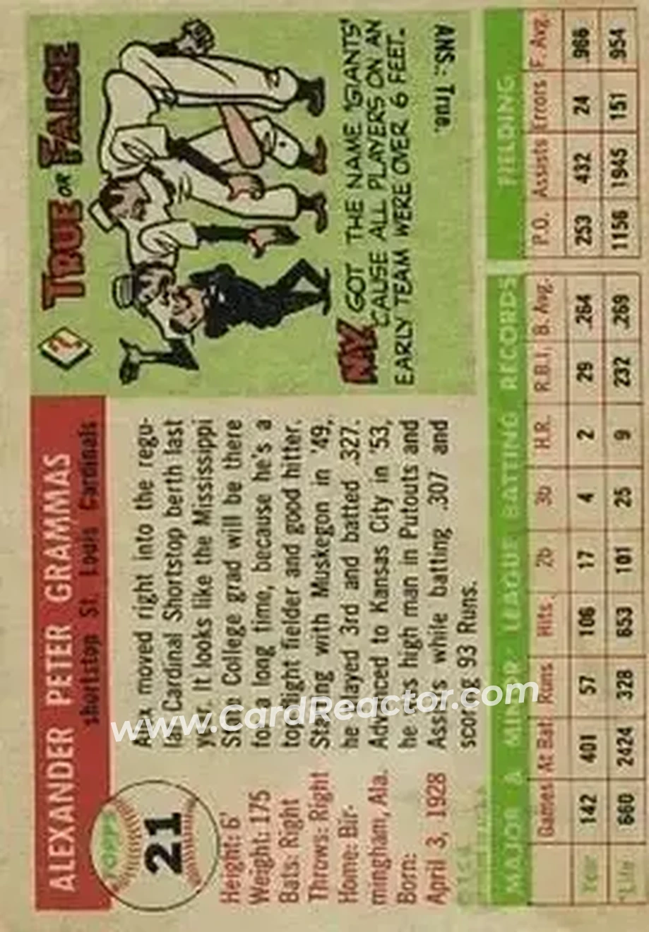 1955 Topps #21 - Alex Grammas - St. Louis Cardinals - Back
