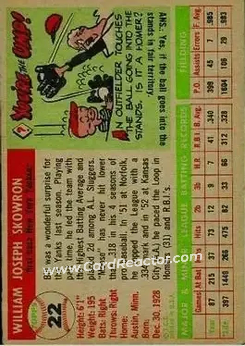 1955 Topps #22 - Bill Skowron - New York Yankees - Back